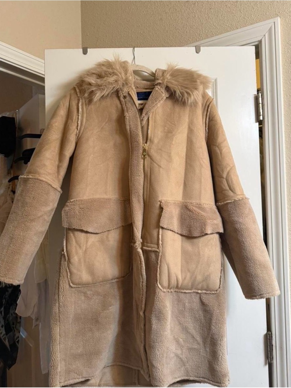 Adrienne Vittadini Tan Faux Shearling Hooded Jacket